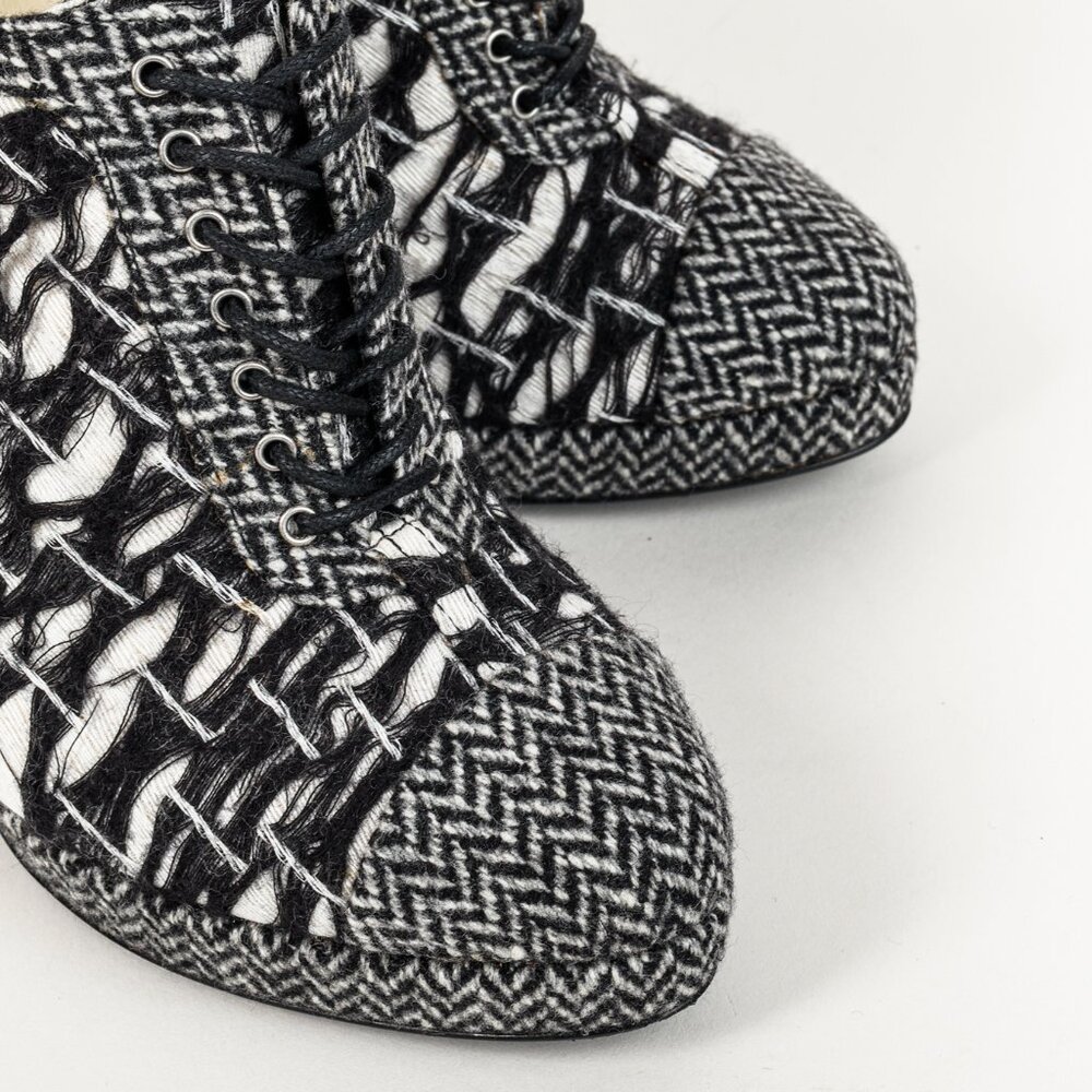Chanel G27462 Wool Tweed Lace Up Silver Heel Booties - Picture 6 of 13